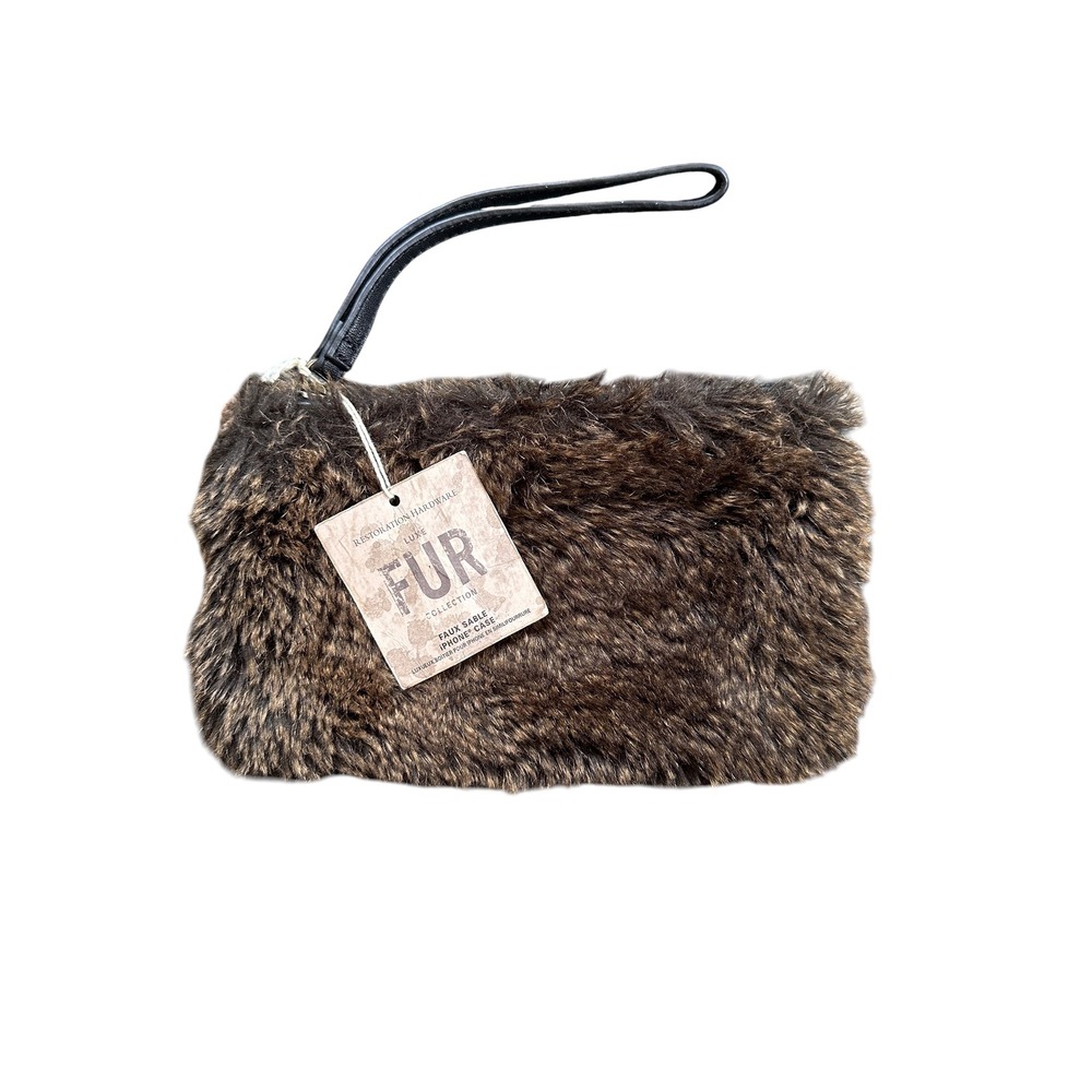 Restoration Hardware Faux Sable Fur Pouch Wristlet Brown New Luxe Collection